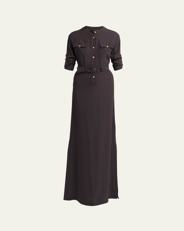 Short-Sleeve Belted Button-Down Jacquard Gown